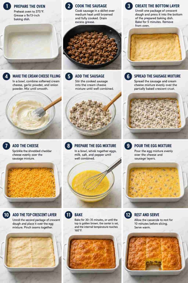 Sausage Cream Cheese Crescent Bake 5 Sausage Cream Cheese Crescent Bake step by step prep infographic