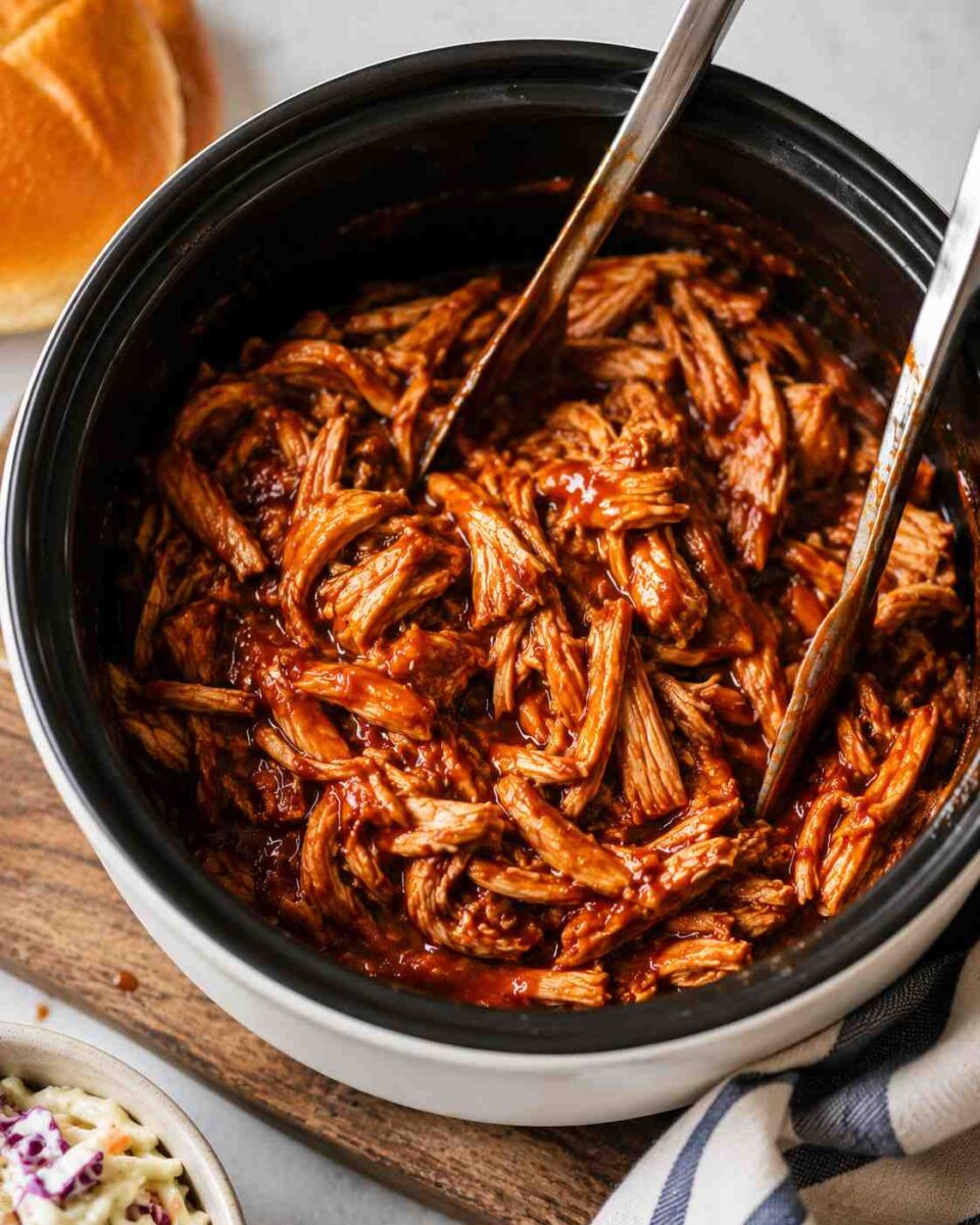 Shredded barbecue chicken with sides