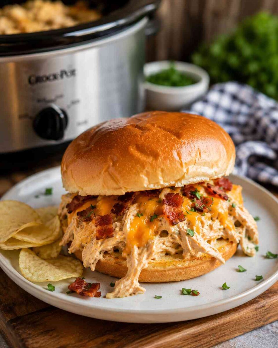 Shredded chicken sandwich with crispy bacon