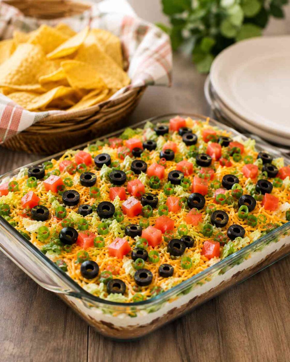 Easy Church Potluck Taco Dip (The Ultimate Make-Ahead Party Appetizer) 5 Taco dip and chips