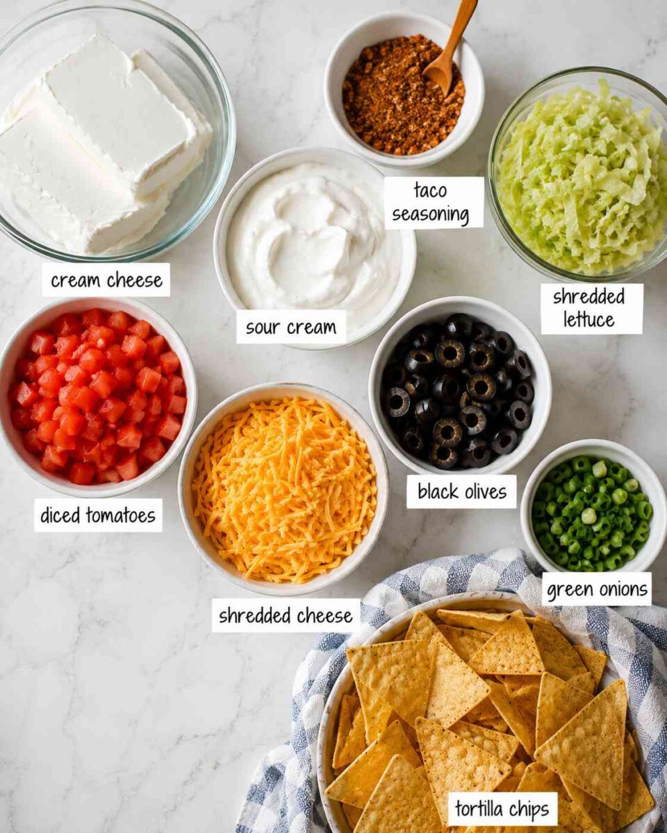 Easy Church Potluck Taco Dip (The Ultimate Make-Ahead Party Appetizer) 4 Taco dip ingredient spread