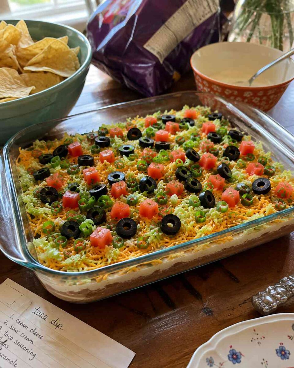 Easy Church Potluck Taco Dip (The Ultimate Make-Ahead Party Appetizer) 6 Taco dip spread with chips