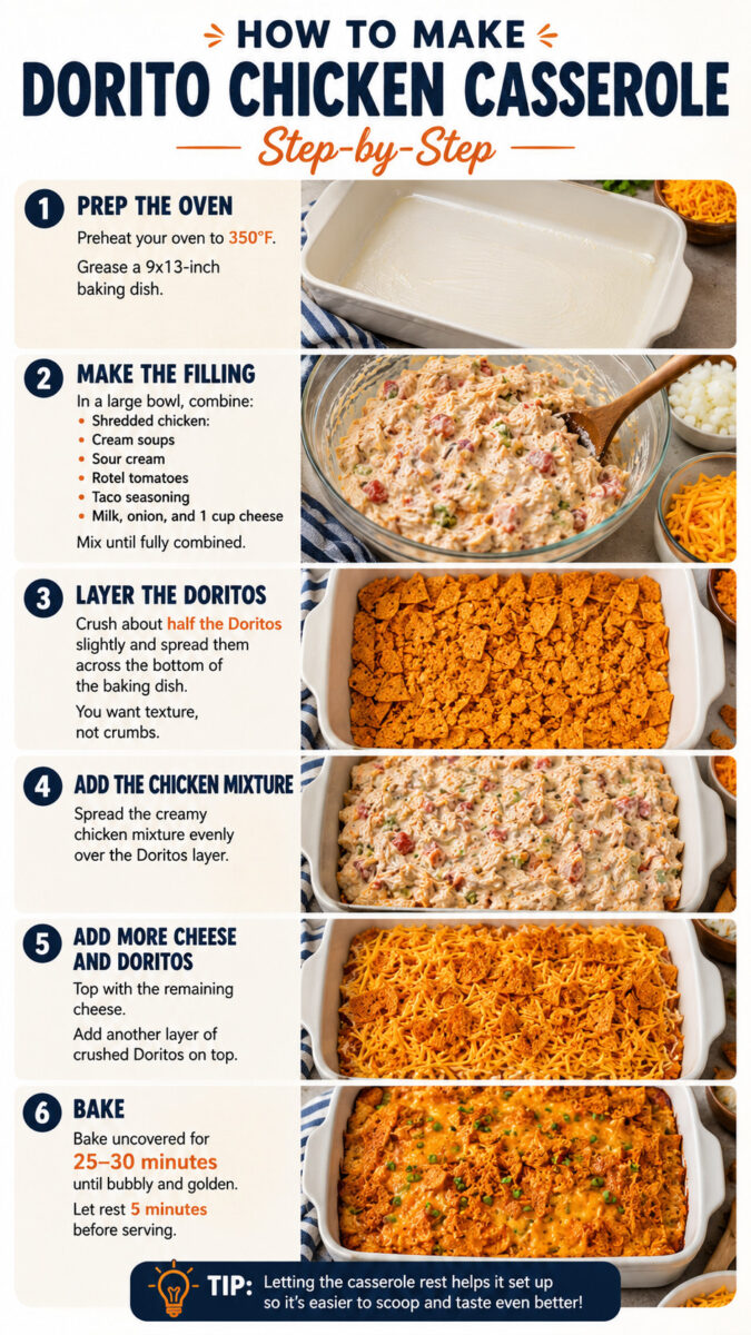 Dorito Chicken Casserole (The Ultimate Cheesy Weeknight Comfort Bake) 5 dorito chicken casserole prep stages