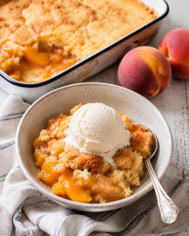 grandmas Peach cobbler with vanilla ice cream
