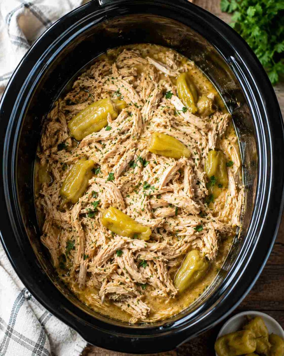 Slow Cooker Mississippi Chicken 9 mississipi Shredded chicken with pepperoncini in crockpot