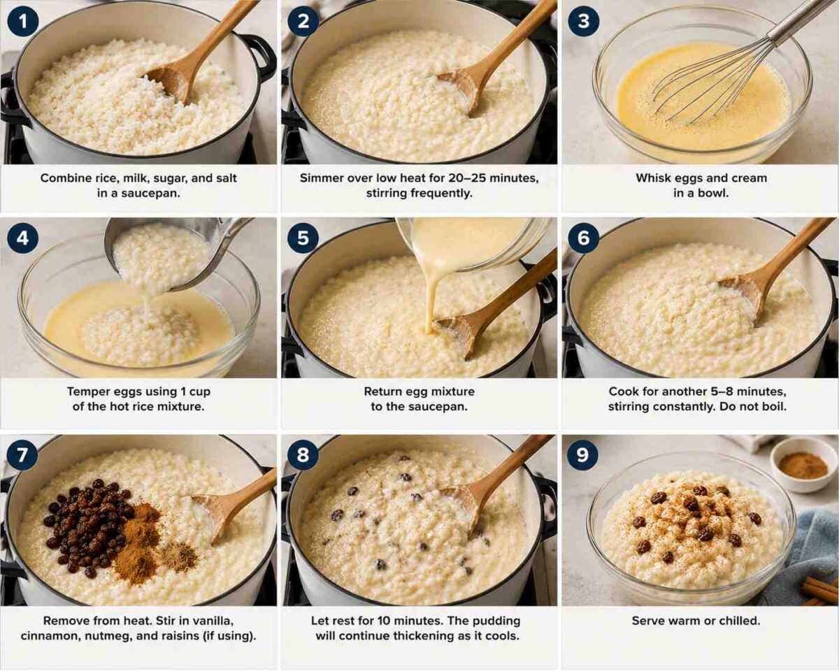 rice pudding recipe preparation infographic