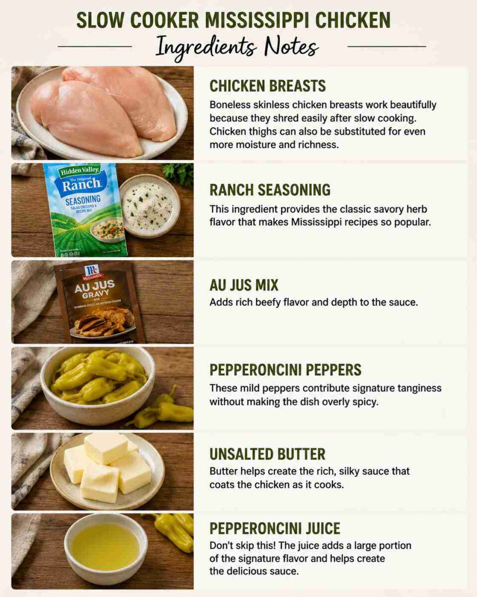 Slow Cooker Mississippi Chicken 4 slow cooker mississippi chicken ingredients notes inforgraphic