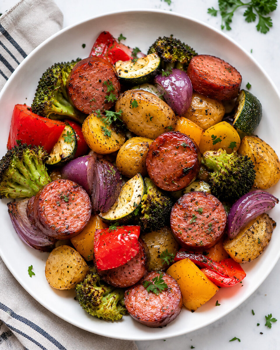 Sheet Pan Sausage and Veggies 2 Roasted sausage and vegetable medley