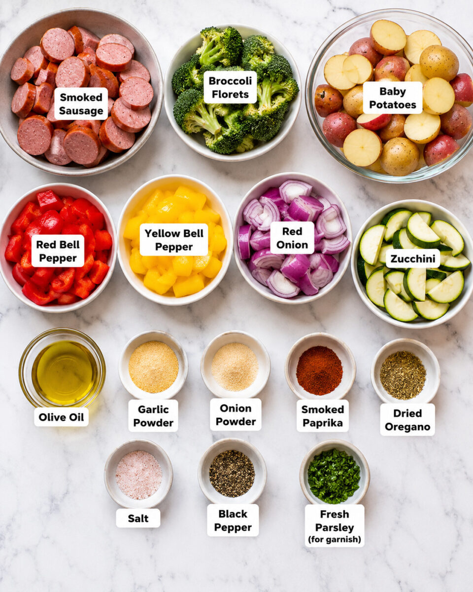Sheet Pan Sausage and Veggies 3 Sheet Pan Sausage and Veggies ingredients Info